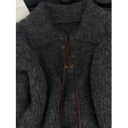 復古韓系高級感綁帶polo領厚毛衣女秋冬季慵懶寬松加厚針織衫上衣