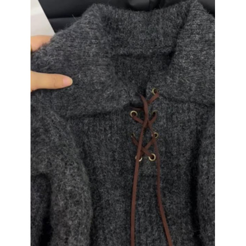 復古韓系高級感綁帶polo領厚毛衣女秋冬季慵懶寬松加厚針織衫上衣