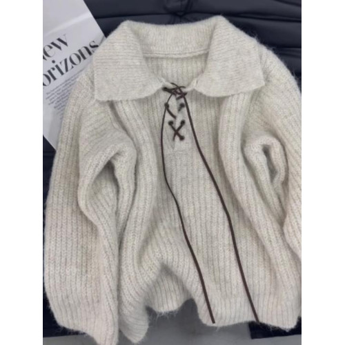 復古韓系高級感綁帶polo領厚毛衣女秋冬季慵懶寬松加厚針織衫上衣