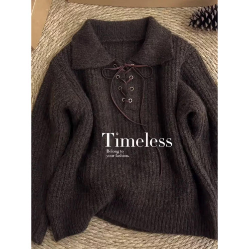 復古韓系高級感綁帶polo領厚毛衣女秋冬季慵懶寬松加厚針織衫上衣