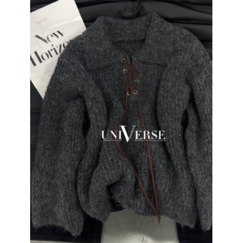 復古韓系高級感綁帶polo領厚毛衣女秋冬季慵懶寬松加厚針織衫上衣