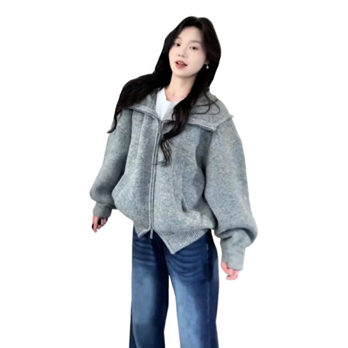 灰色軟糯寬松連帽毛衣慵懶高級感2025新款韓系獨特漂亮早秋外套女