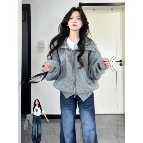 灰色軟糯寬松連帽毛衣慵懶高級感2025新款韓系獨特漂亮早秋外套女