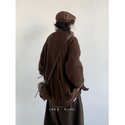 日系復古開衫毛衣寬松休閒針織衫男女同款扭繩純色毛衣針織情侶裝