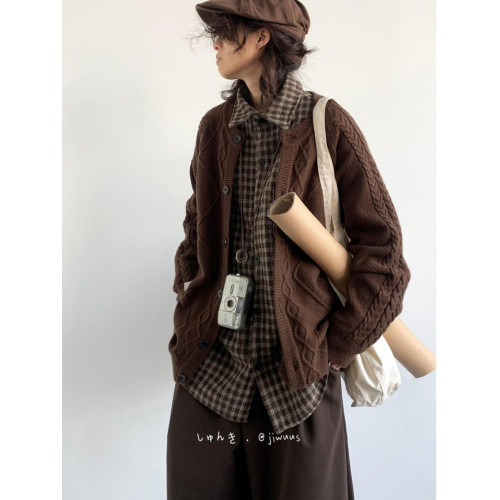 日系復古開衫毛衣寬松休閒針織衫男女同款扭繩純色毛衣針織情侶裝