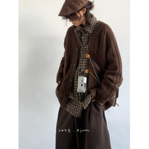 日系復古開衫毛衣寬松休閒針織衫男女同款扭繩純色毛衣針織情侶裝