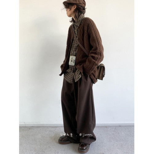 日系復古開衫毛衣寬松休閒針織衫男女同款扭繩純色毛衣針織情侶裝