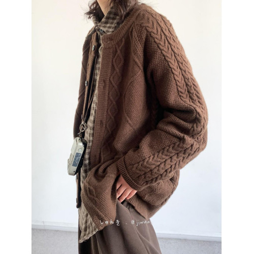 日系復古開衫毛衣寬松休閒針織衫男女同款扭繩純色毛衣針織情侶裝