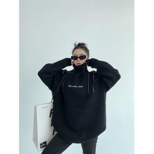 廢柴冬季韓系高級感加厚針織外套寬鬆復古慵嬾刺綉高領套頭毛衣女