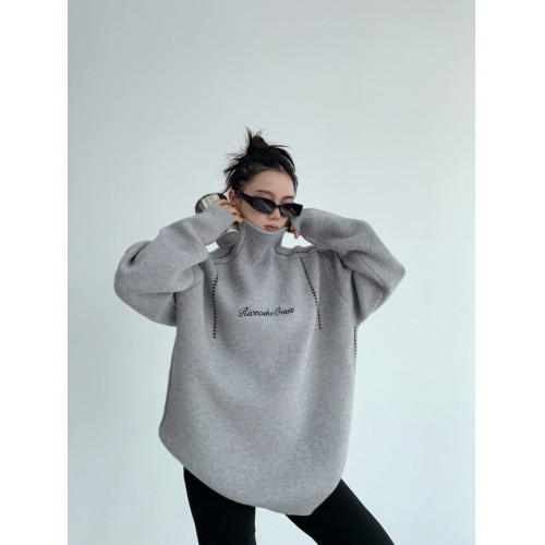 廢柴冬季韓系高級感加厚針織外套寬鬆復古慵嬾刺綉高領套頭毛衣女