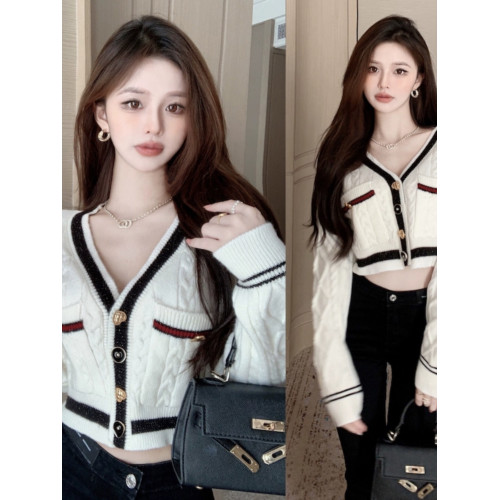 甜美學院風v領針織開衫女秋季獨特別致茶藝風上衣設計感毛衣外套