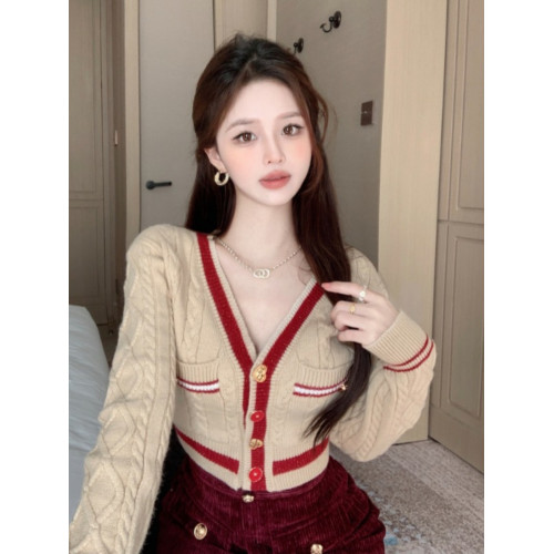 甜美學院風v領針織開衫女秋季獨特別致茶藝風上衣設計感毛衣外套