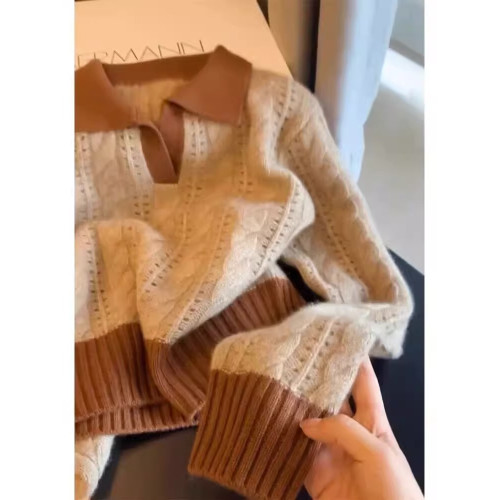 秋冬季新款女裝咖色針織polo領小香風上衣今年流行漂亮慵懶風毛衣 秋冬季新款女裝咖色針織polo領小香風上衣今年流行漂亮慵懶風毛衣