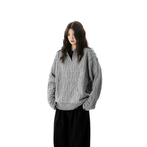 AFOEOT美式復古老錢風POLO領毛衣男女cleanfit高級感寬松針織衫潮