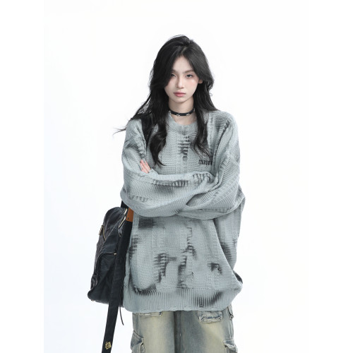 【坐吃山空】美式復古街頭紥染毛衣女秋季慵懶風嘻哈寬松針織衫潮