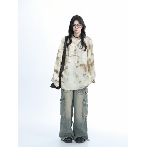 【坐吃山空】美式復古街頭紥染毛衣女秋季慵懶風嘻哈寬松針織衫潮