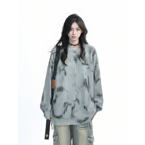 【坐吃山空】美式復古街頭紥染毛衣女秋季慵懶風嘻哈寬松針織衫潮