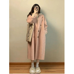 粉色呢子大衣女中長款韓版小個子2024秋冬新款寬松雙排釦毛呢外套