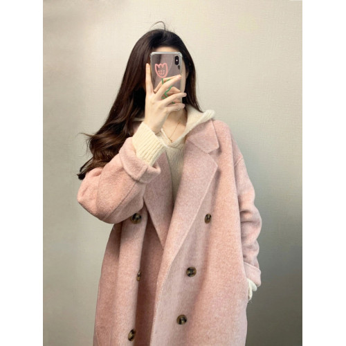 粉色呢子大衣女中長款韓版小個子2024秋冬新款寬松雙排釦毛呢外套 粉色呢子大衣女中長款韓版小個子2024秋冬新款寬松雙排釦毛呢外套