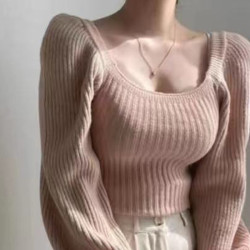 法式復古小資方領針織上衣女裝2024春秋新款燈籠袖別致毛衣打底衫