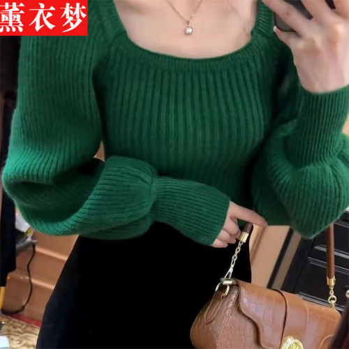 法式復古小資方領針織上衣女裝2024春秋新款燈籠袖別致毛衣打底衫