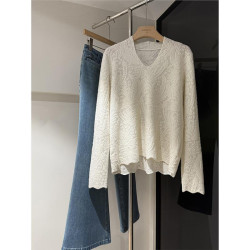 牛X貨 巨炸裂！100羊毛提花肌理感V領套頭米白色優雅通勤毛衣女