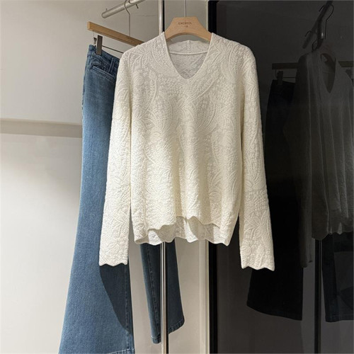 牛X貨 巨炸裂!100羊毛提花肌理感V領套頭米白色優雅通勤毛衣女 牛X貨 巨炸裂!100羊毛提花肌理感V領套頭米白色優雅通勤毛衣女