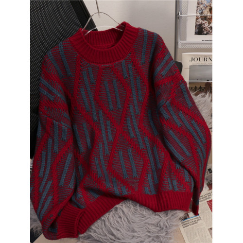 紅色菱格過年毛衣女秋冬外穿加厚設計感小衆慵懶風日系復古高級感 紅色菱格過年毛衣女秋冬外穿加厚設計感小衆慵懶風日系復古高級感