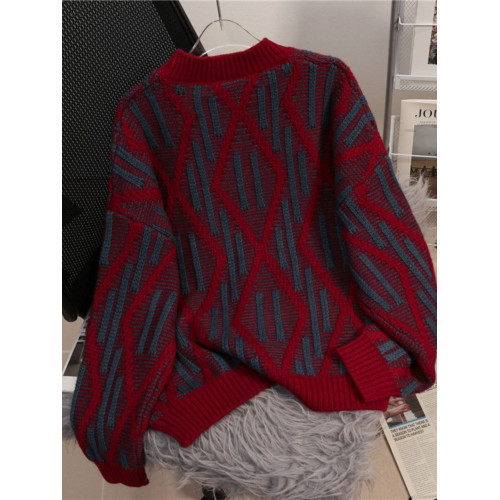 紅色菱格過年毛衣女秋冬外穿加厚設計感小衆慵懶風日系復古高級感 紅色菱格過年毛衣女秋冬外穿加厚設計感小衆慵懶風日系復古高級感