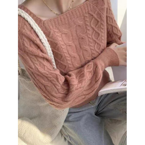 法式麻花毛衣女設計感2023年秋冬新款加厚復古方領短款針織上衣 法式麻花毛衣女設計感2023年秋冬新款加厚復古方領短款針織上衣