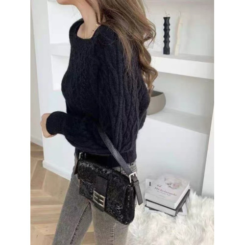 法式麻花毛衣女設計感2023年秋冬新款加厚復古方領短款針織上衣 法式麻花毛衣女設計感2023年秋冬新款加厚復古方領短款針織上衣