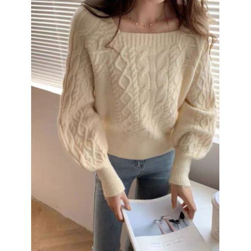 法式麻花毛衣女設計感2023年秋冬新款加厚復古方領短款針織上衣 法式麻花毛衣女設計感2023年秋冬新款加厚復古方領短款針織上衣