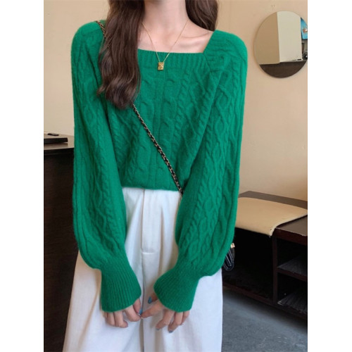 法式麻花毛衣女設計感2023年秋冬新款加厚復古方領短款針織上衣 法式麻花毛衣女設計感2023年秋冬新款加厚復古方領短款針織上衣