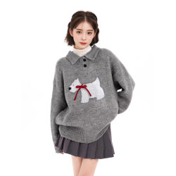 灰色polo領翻領套頭針織毛衣女秋冬季內搭加厚寬松慵懶風外穿上衣