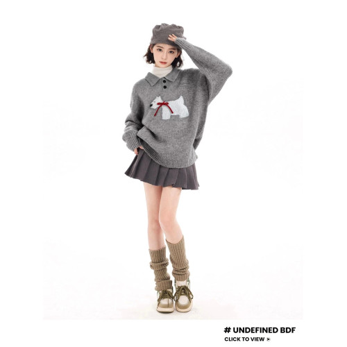 灰色polo領翻領套頭針織毛衣女秋冬季內搭加厚寬松慵懶風外穿上衣 灰色polo領翻領套頭針織毛衣女秋冬季內搭加厚寬松慵懶風外穿上衣