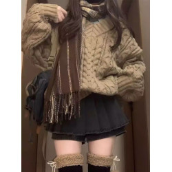 慵懶風復古V領麻花燈籠袖套頭毛衣女秋冬新款寬松加厚針織上衣冬