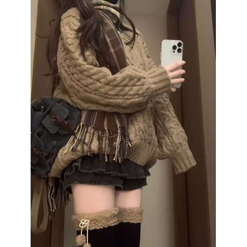 慵懶風復古V領麻花燈籠袖套頭毛衣女秋冬新款寬松加厚針織上衣冬