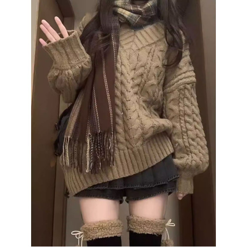 慵懶風復古V領麻花燈籠袖套頭毛衣女秋冬新款寬松加厚針織上衣冬