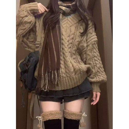 慵懶風復古V領麻花燈籠袖套頭毛衣女秋冬新款寬松加厚針織上衣冬