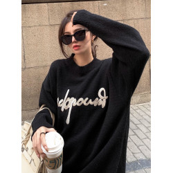 美式高級感中長款黑色毛衣女秋冬季加厚慵懶風寬松軟糯針織衫上衣