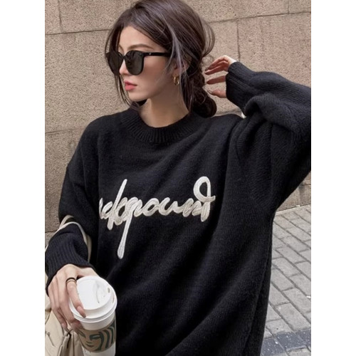 美式高級感中長款黑色毛衣女秋冬季加厚慵懶風寬松軟糯針織衫上衣 美式高級感中長款黑色毛衣女秋冬季加厚慵懶風寬松軟糯針織衫上衣