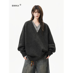 重磅假兩件V領針織衫女男秋冬復古慵懶休閒毛衣老錢風內搭打底衫