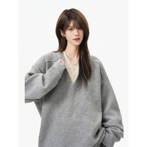 重磅假兩件V領針織衫女男秋冬復古慵懶休閒毛衣老錢風內搭打底衫 重磅假兩件V領針織衫女男秋冬復古慵懶休閒毛衣老錢風內搭打底衫