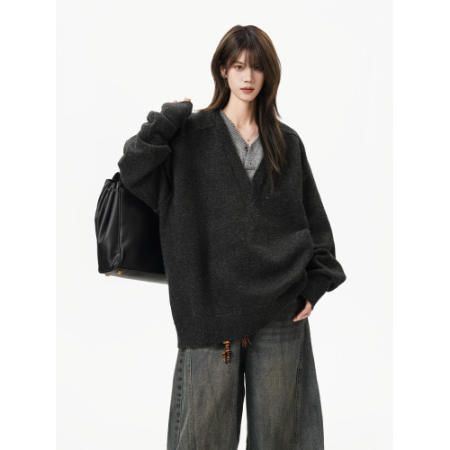 重磅假兩件V領針織衫女男秋冬復古慵懶休閒毛衣老錢風內搭打底衫 重磅假兩件V領針織衫女男秋冬復古慵懶休閒毛衣老錢風內搭打底衫