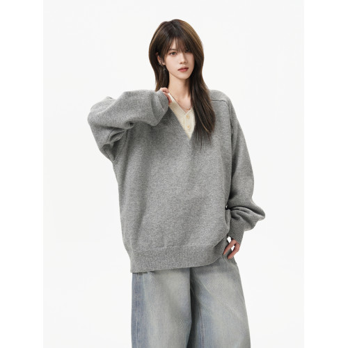 重磅假兩件V領針織衫女男秋冬復古慵懶休閒毛衣老錢風內搭打底衫 重磅假兩件V領針織衫女男秋冬復古慵懶休閒毛衣老錢風內搭打底衫