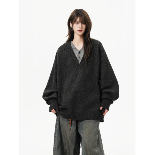 重磅假兩件V領針織衫女男秋冬復古慵懶休閒毛衣老錢風內搭打底衫 重磅假兩件V領針織衫女男秋冬復古慵懶休閒毛衣老錢風內搭打底衫