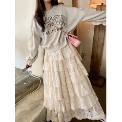 韓國chic秋冬俏皮減齡圓領字母印花寬松百搭拼接木耳邊長袖衛衣女