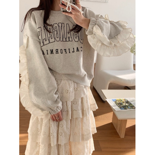 韓國chic秋冬俏皮減齡圓領字母印花寬松百搭拼接木耳邊長袖衛衣女