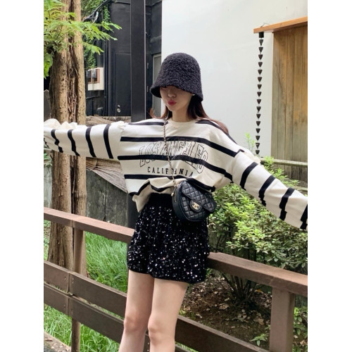 韓國chic秋冬俏皮減齡圓領字母印花寬松百搭拼接木耳邊長袖衛衣女