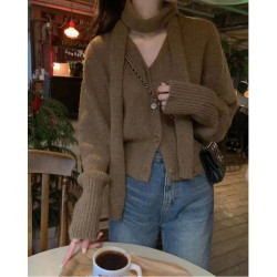 韓國chic秋冬復古氣質V領單排釦百搭顯瘦長袖軟糯針織外套配圍巾